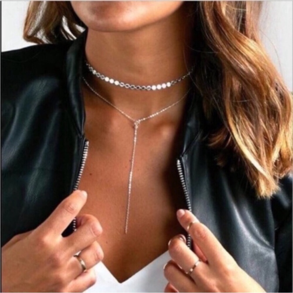 🎉 New silver plated Layered Crystal Adjustable Choker Necklace